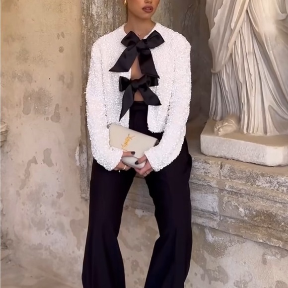 H&M viral bloggers fav white sequin black bow ribbon tie front cardigan / blouse - Picture 10 of 13